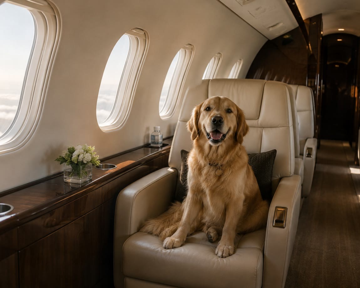 A dog resting in the cabin of a private jet