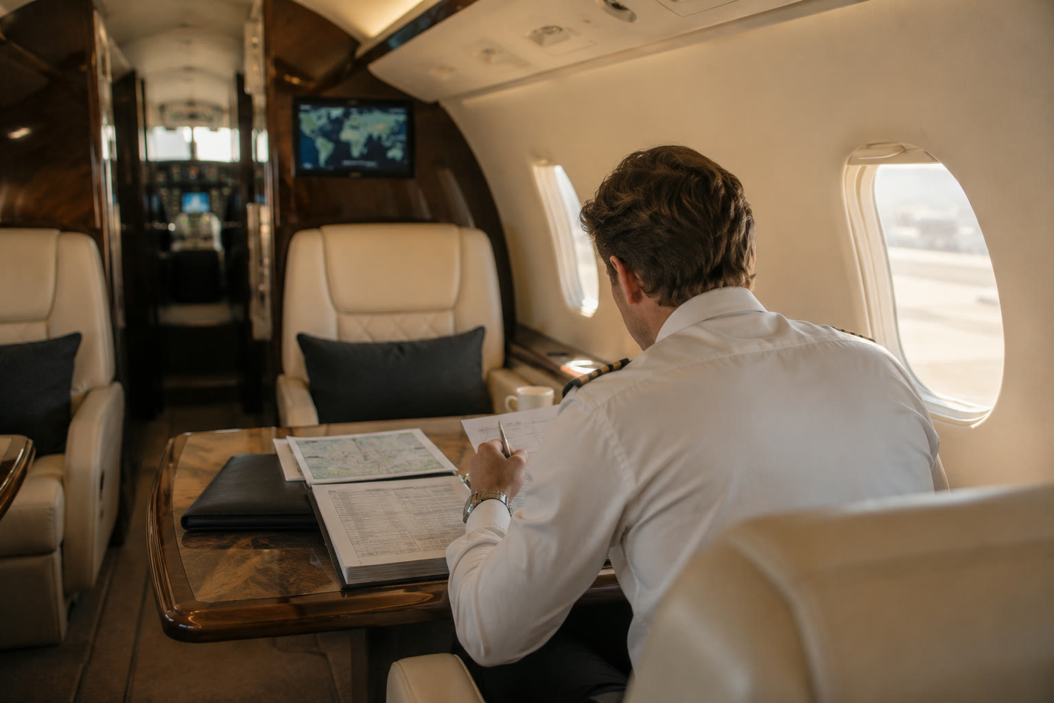 A pilot reviewing the flight paperwork before departure